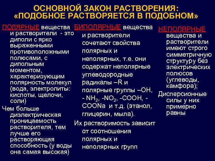 ОСНОВНОЙ ЗАКОН РАСТВОРЕНИЯ: «ПОДОБНОЕ РАСТВОРЯЕТСЯ В ПОДОБНОМ» ПОЛЯРНЫЕ вещества БИПОЛЯРНЫЕ вещества НЕПОЛЯРНЫЕ и растворители