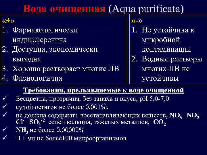 Вода очищенная (Aqua purificata) «+» 1. Фармакологически индифферентна 2. Доступна, экономически выгодна 3. Хорошо