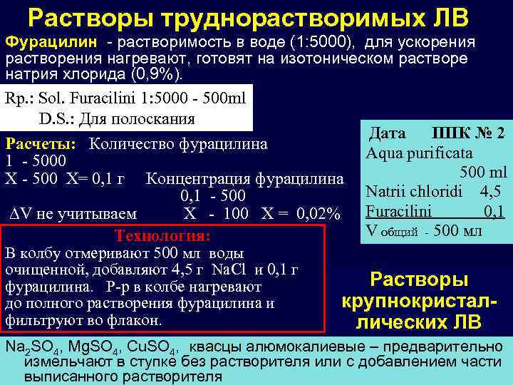 Растворы труднорастворимых ЛВ Фурацилин - растворимость в воде (1: 5000), для ускорения растворения нагревают,