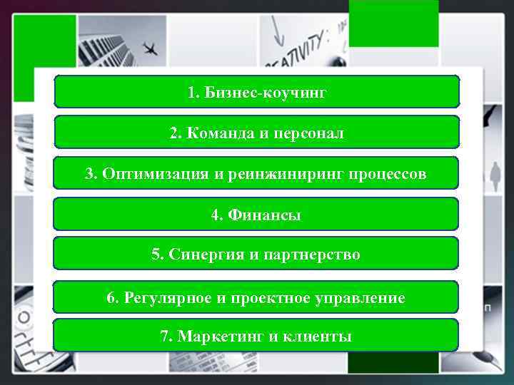 1. Бизнес-коучинг 2. Команда и персонал 3. Оптимизация и реинжиниринг процессов 4. Финансы 5.