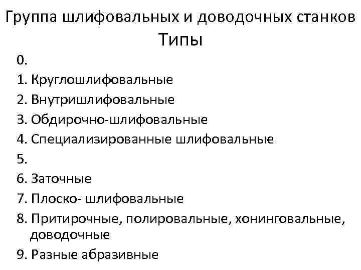 Группа шлифовальных и доводочных станков Типы 0. 1. Круглошлифовальные 2. Внутришлифовальные 3. Обдирочно-шлифовальные 4.