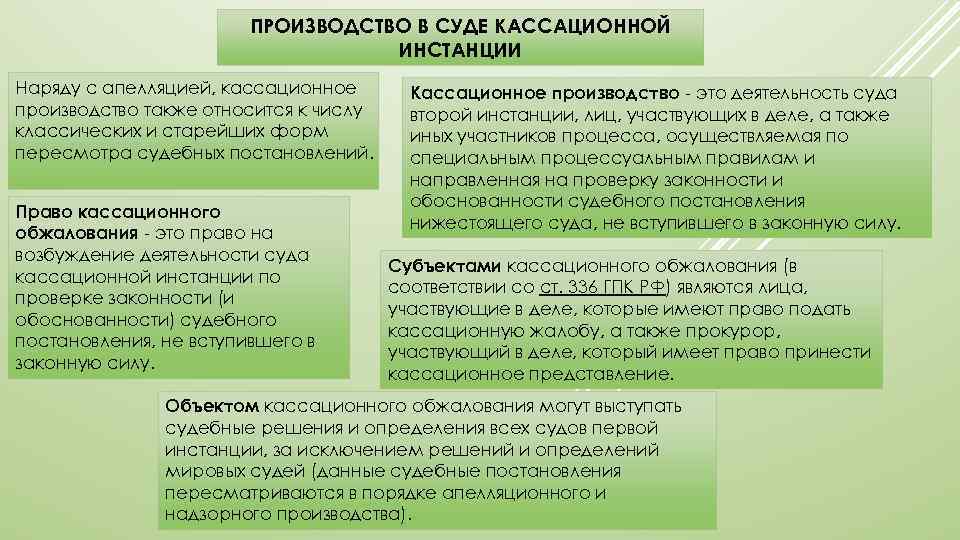 ПРОИЗВОДСТВО В СУДЕ КАССАЦИОННОЙ ИНСТАНЦИИ Наряду с апелляцией, кассационное производство также относится к числу