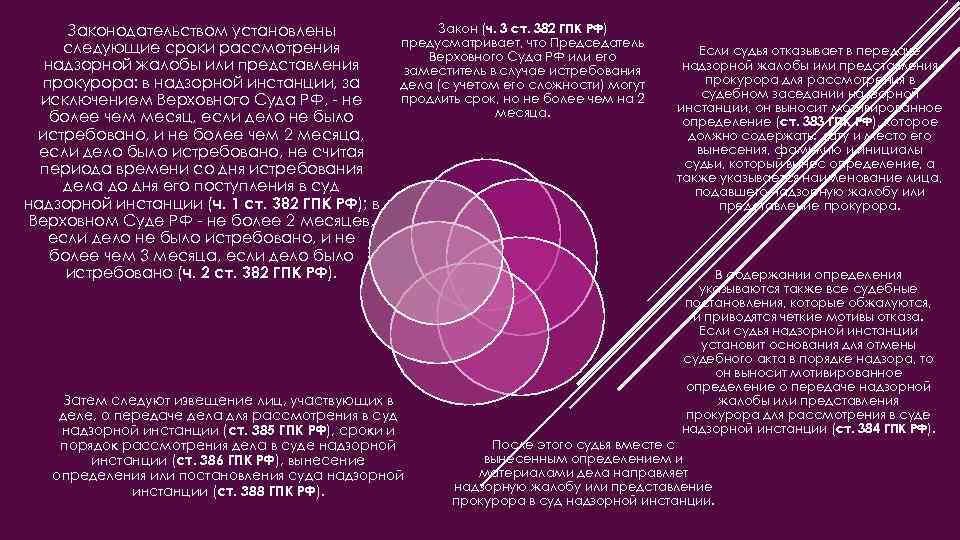 Законодательством установлены следующие сроки рассмотрения надзорной жалобы или представления прокурора: в надзорной инстанции, за