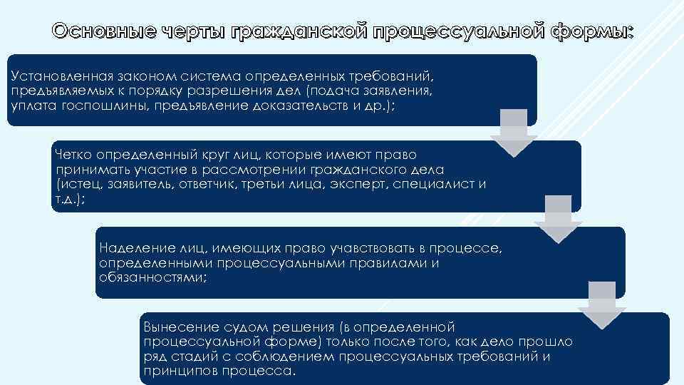Основные черты гражданской процессуальной формы: Установленная законом система определенных требований, предъявляемых к порядку разрешения