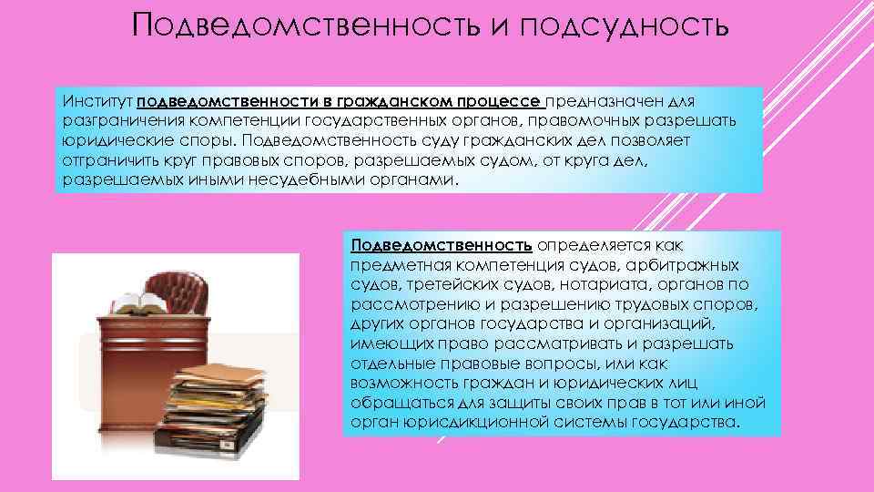 Подведомственность и подсудность Институт подведомственности в гражданском процессе предназначен для разграничения компетенции государственных органов,