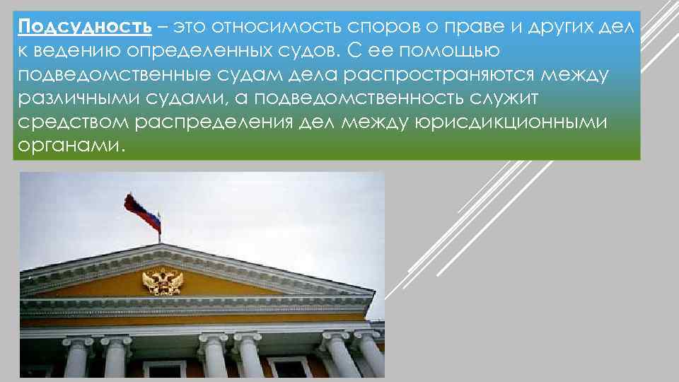 Подсудность – это относимость споров о праве и других дел к ведению определенных судов.