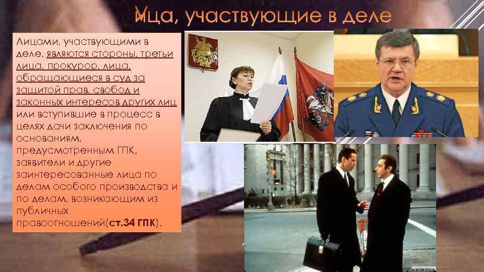 Лицами, участвующими в деле, являются стороны, третьи лица, прокурор, лица, обращающиеся в суд за