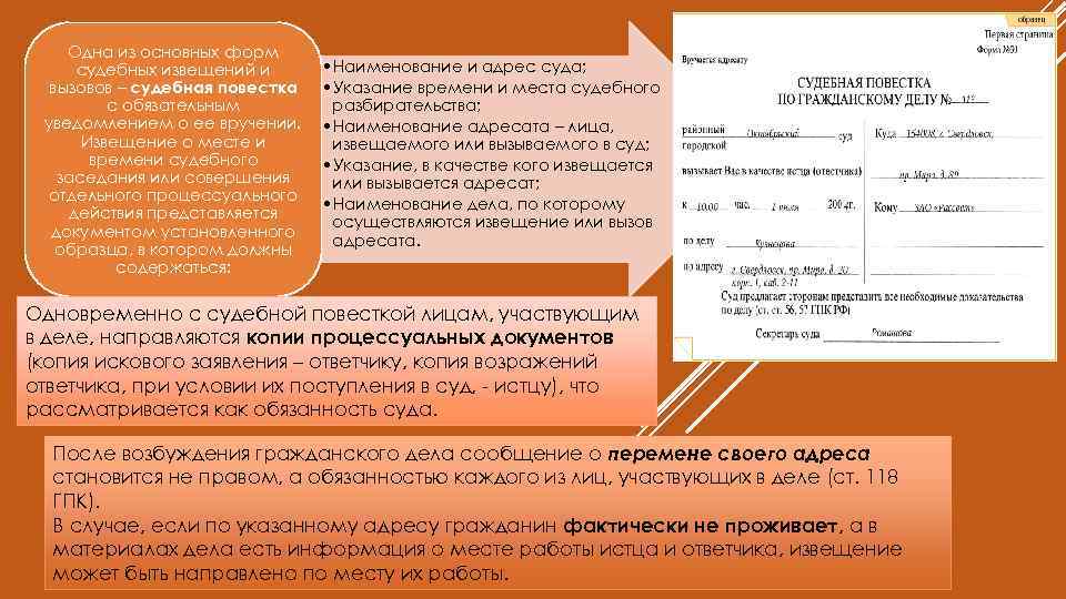 Одна из основных форм судебных извещений и вызовов – судебная повестка с обязательным уведомлением