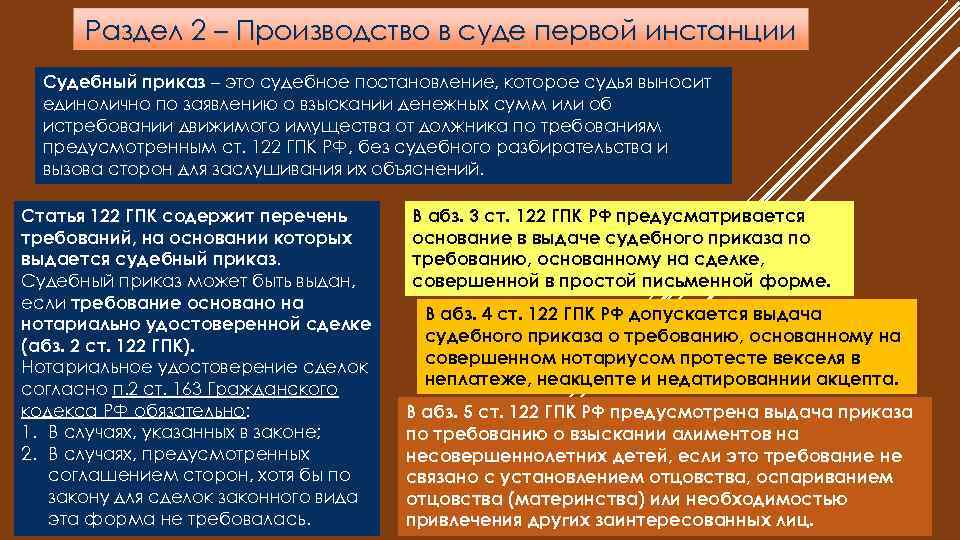 Раздел 2 – Производство в суде первой инстанции Судебный приказ – это судебное постановление,