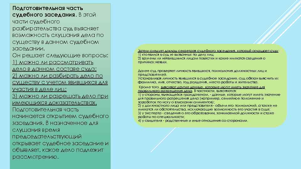 Подготовительная часть судебного заседания. В этой части судебного разбирательства суд выясняет возможность слушания дела