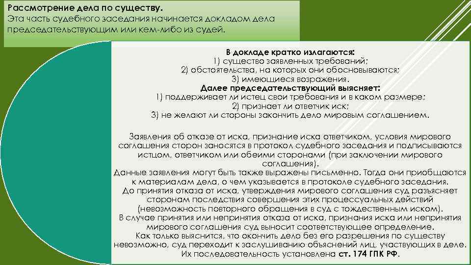 Рассмотрение дела по существу. Эта часть судебного заседания начинается докладом дела председательствующим или кем-либо