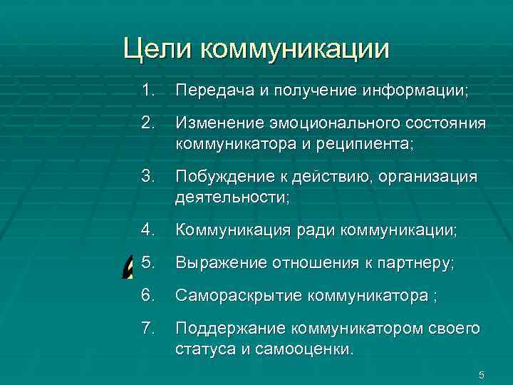 Цели коммуникации 1. Передача и получение информации; 2. Изменение эмоционального состояния коммуникатора и реципиента;