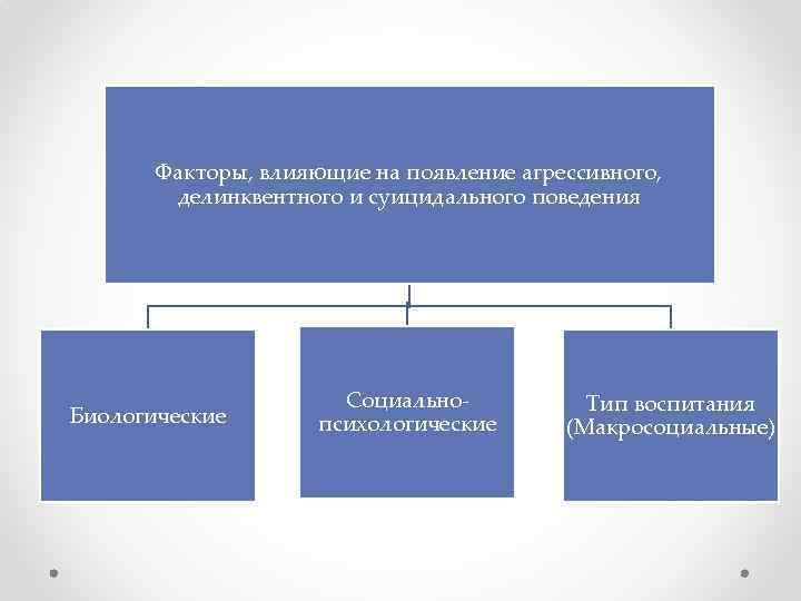 Факторы, влияющие на появление агрессивного, делинквентного и суицидального поведения Биологические Социальнопсихологические Тип воспитания (Макросоциальные)