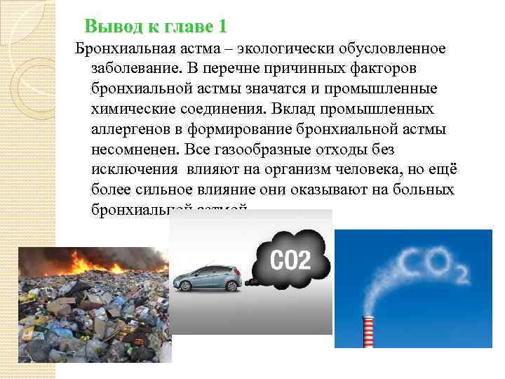 Вывод к главе 1 Бронхиальная астма – экологически обусловленное заболевание. В перечне причинных факторов