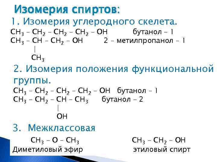 Изомерия спиртов: 1. Изомерия углеродного скелета. CH 3 – CH 2 – OH бутанол