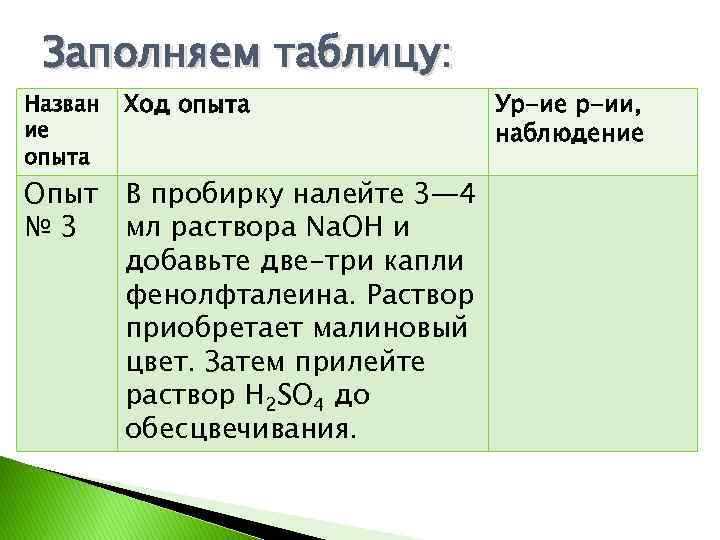 Заполняем таблицу: Назван ие опыта Ход опыта Опыт В пробирку налейте 3— 4 №