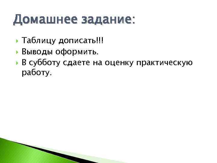 Домашнее задание: Таблицу дописать!!! Выводы оформить. В субботу сдаете на оценку практическую работу. 