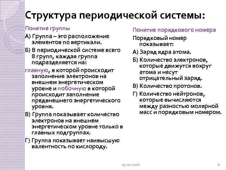 Структура периодической системы: Понятие группы А) Группа – это расположение элементов по вертикали. Б)