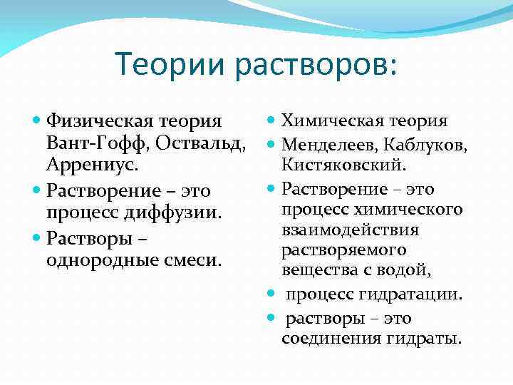 Теории растворов: Физическая теория Вант-Гофф, Оствальд, Аррениус. Растворение – это процесс диффузии. Растворы –