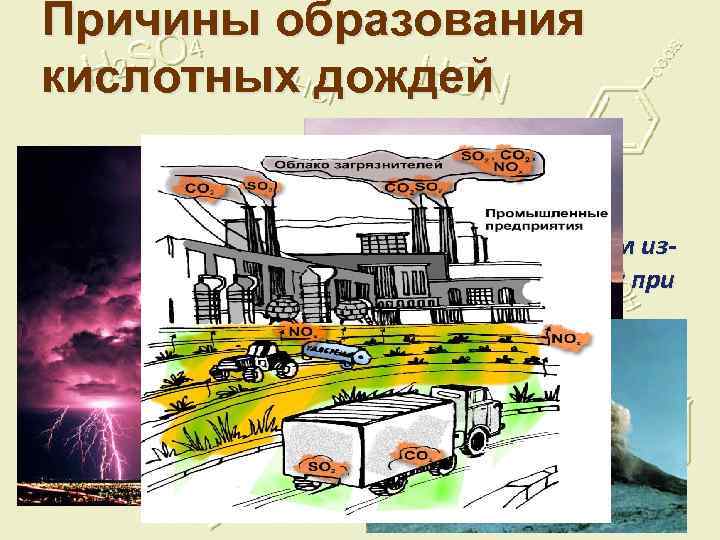 Причины образования кислотных дождей КИСЛОТНЫЕ ОСАДКИ, дождь, снег или дождь со снегом, имеющие повышенную