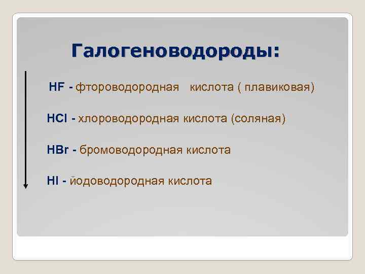 Галогеноводороды: HF - фтороводородная кислота ( плавиковая) HCl - хлороводородная кислота (соляная) HBr -