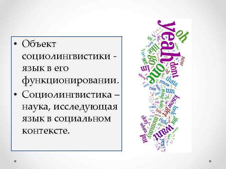  • Объект социолингвистики язык в его функционировании. • Социолингвистика – наука, исследующая язык