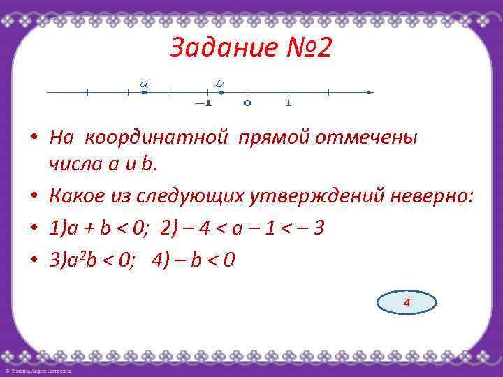 Задание № 2 • На координатной прямой отмечены числа а и b. • Какое