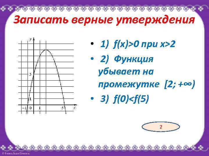 Записать верные утверждения • 1) f(x)>0 при x>2 • 2) Функция убывает на промежутке