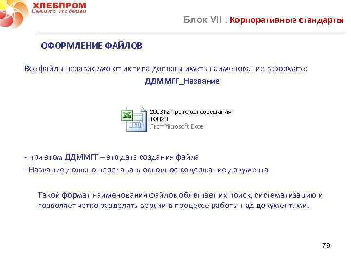 Блок VII : Корпоративные стандарты ОФОРМЛЕНИЕ ФАЙЛОВ Все файлы независимо от их типа должны