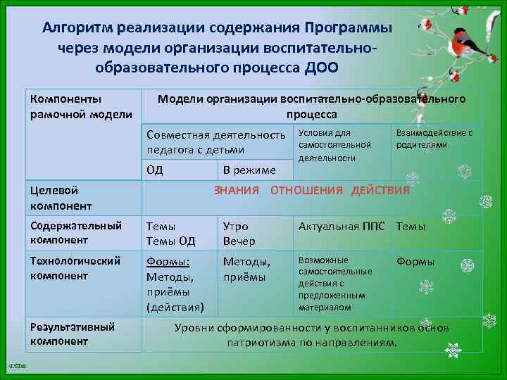 Алгоритм реализации содержания Программы через модели организации воспитательнообразовательного процесса ДОО Компоненты рамочной модели Модели