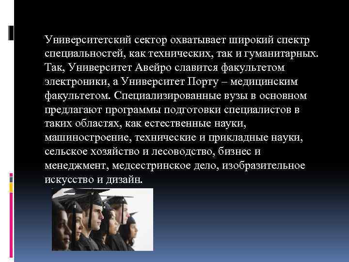 Университетский сектор охватывает широкий спектр специальностей, как технических, так и гуманитарных. Так, Университет Авейро