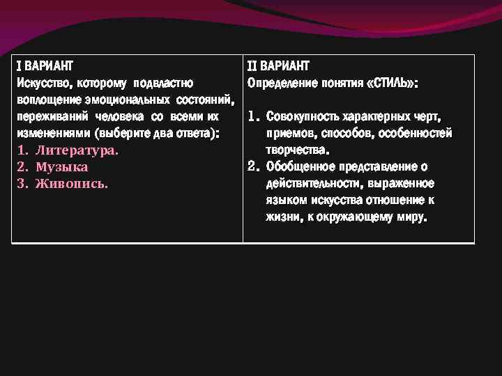 I ВАРИАНТ Искусство, которому подвластно воплощение эмоциональных состояний, переживаний человека со всеми их изменениями