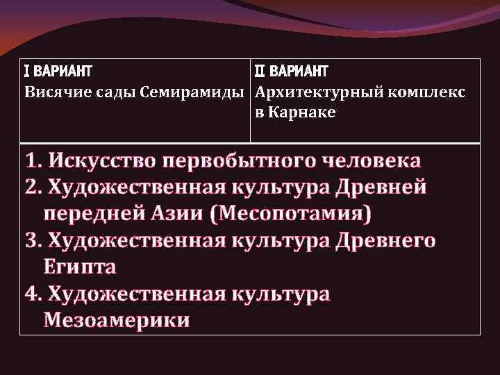 I ВАРИАНТ II ВАРИАНТ Висячие сады Семирамиды Архитектурный комплекс в Карнаке 1. Искусство первобытного