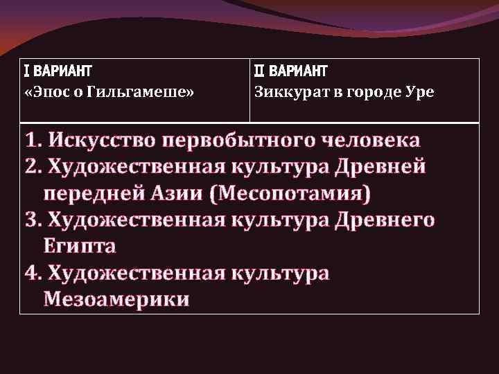 I ВАРИАНТ «Эпос о Гильгамеше» II ВАРИАНТ Зиккурат в городе Уре 1. Искусство первобытного