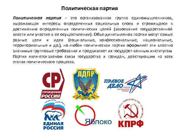 Политическая партия – это организованная группа единомышленников, выражающая интересы определенных социальных слоев и стремящаяся