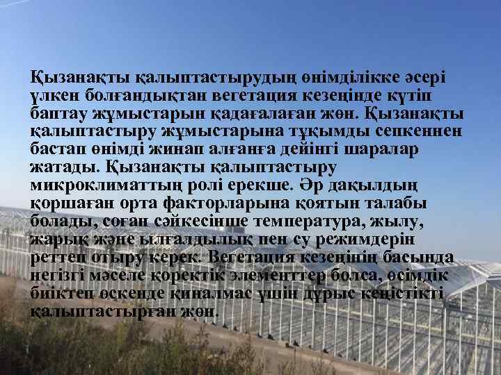Қызанақты қалыптастырудың өнімділікке әсері үлкен болғандықтан вегетация кезеңінде күтіп баптау жұмыстарын қадағалаған жөн. Қызанақты