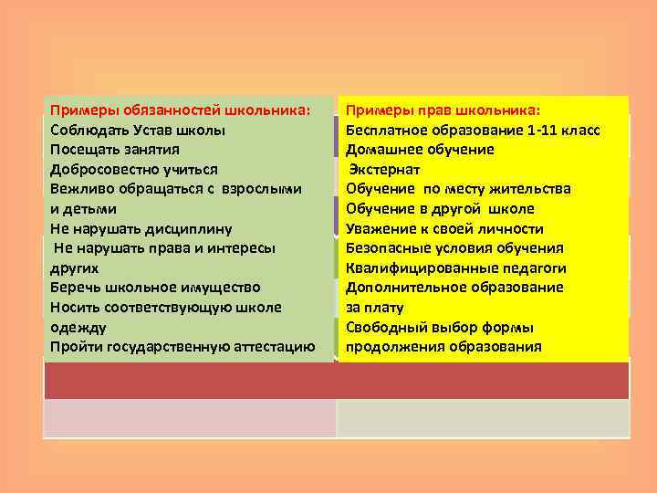 Примеры обязанностей школьника: Соблюдать Устав школы Посещать занятия Добросовестно учиться Вежливо обращаться с взрослыми