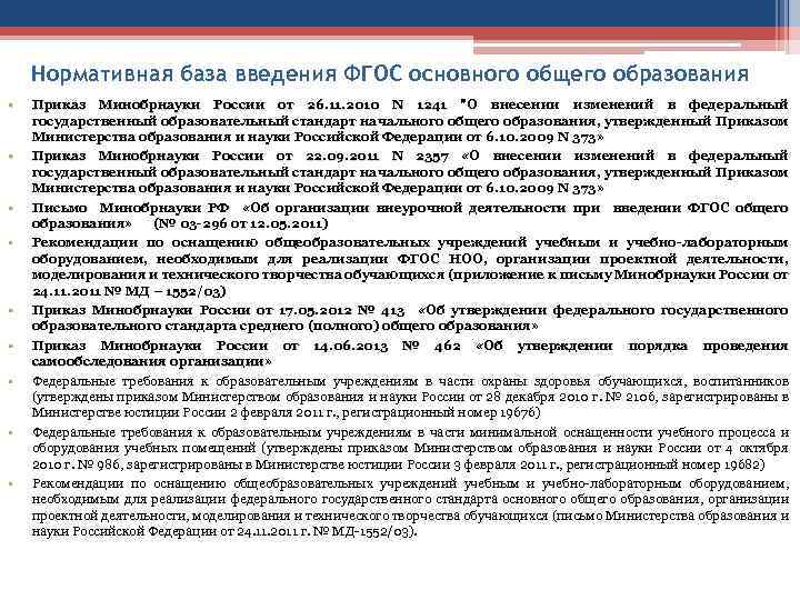 Нормативная база введения ФГОС основного общего образования • • • Приказ Минобрнауки России от