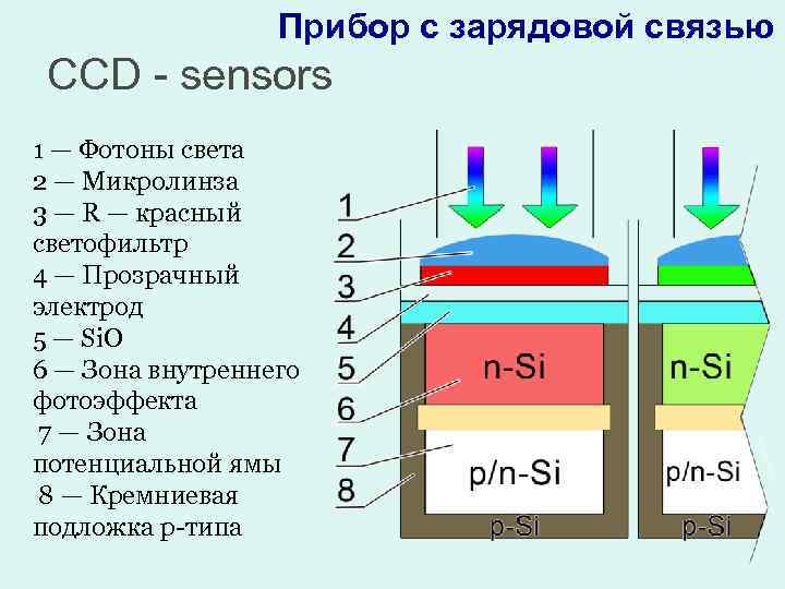 Прибор с зарядовой связью CCD - sensors 1 — Фотоны света 2 — Микролинза