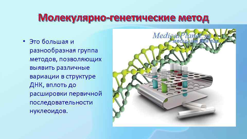 Молекулярно-генетические метод • Это большая и разнообразная группа методов, позволяющих выявить различные вариации в