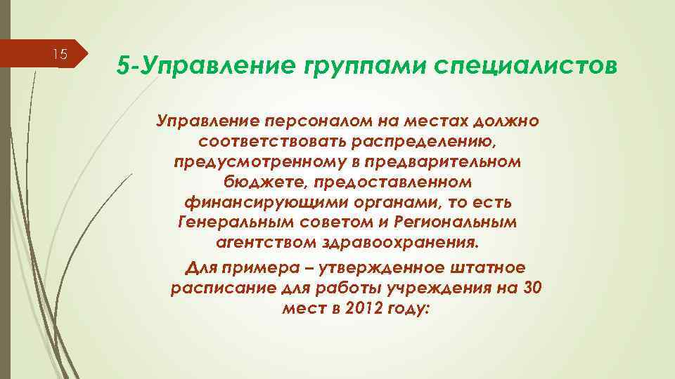 15 5 -Управление группами специалистов Управление персоналом на местах должно соответствовать распределению, предусмотренному в