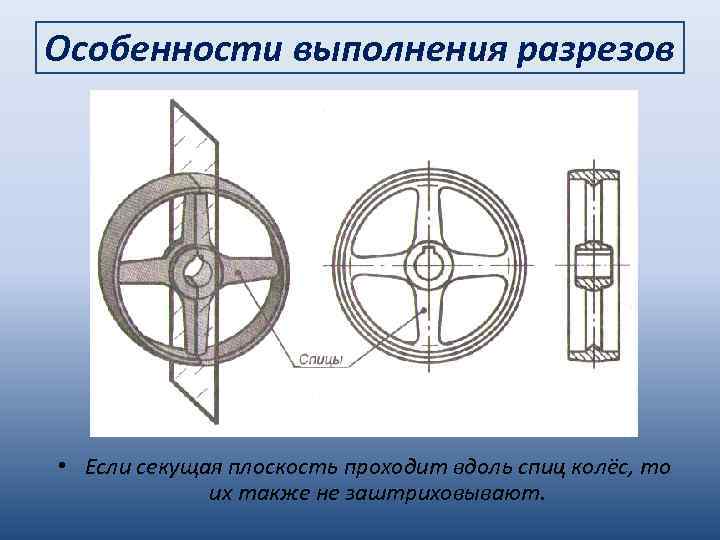 Особенности выполнения разрезов • Если секущая плоскость проходит вдоль спиц колёс, то их также