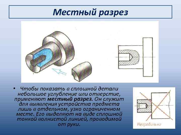 Местный разрез • Чтобы показать в сплошной детали небольшое углубление или отверстие, применяют местный