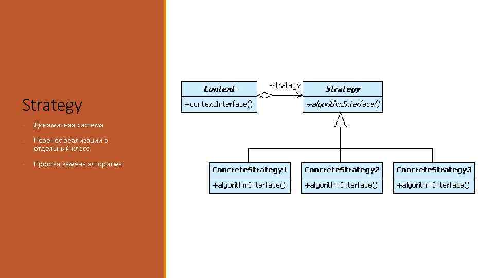 Strategy - Динамичная система - Перенос реализации в отдельный класс - Простая замена алгоритма