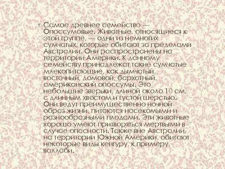  • Самое древнее семейство — Опоссумовые. Животные, относящиеся к этой группе, — одни