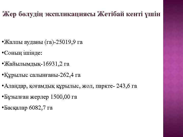 Жер бөлудің экспликациясы Жетібай кенті үшін • Жалпы ауданы (га)-25019, 9 га • Соның