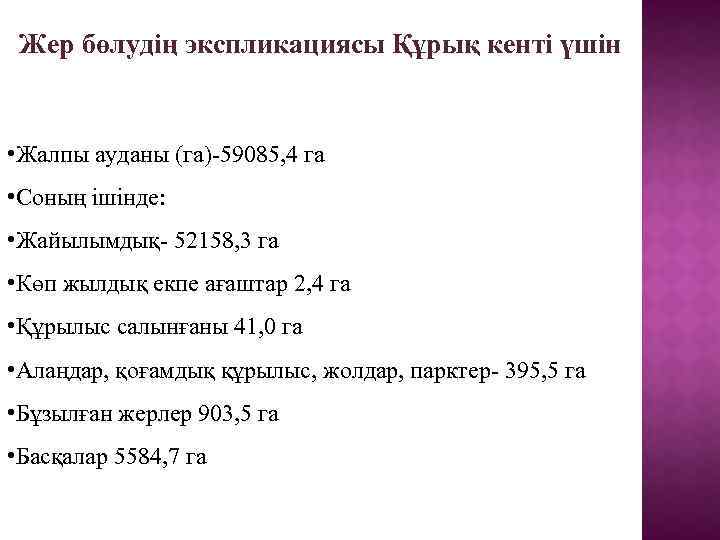 Жер бөлудің экспликациясы Құрық кенті үшін • Жалпы ауданы (га)-59085, 4 га • Соның