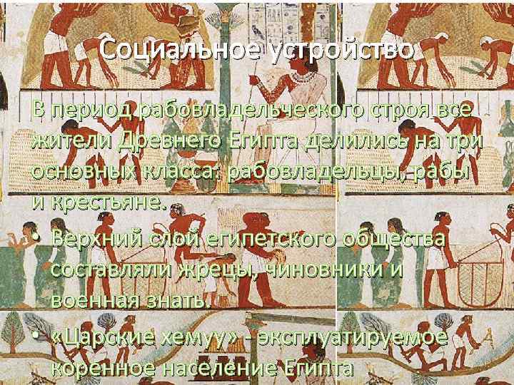 Социальное устройство В период рабовладельческого строя все жители Древнего Египта делились на три основных