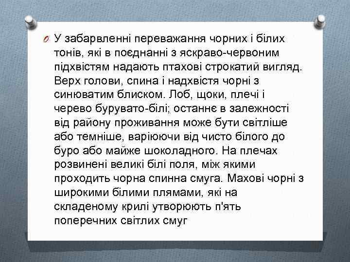 O У забарвленні переважання чорних і білих тонів, які в поєднанні з яскраво-червоним підхвістям