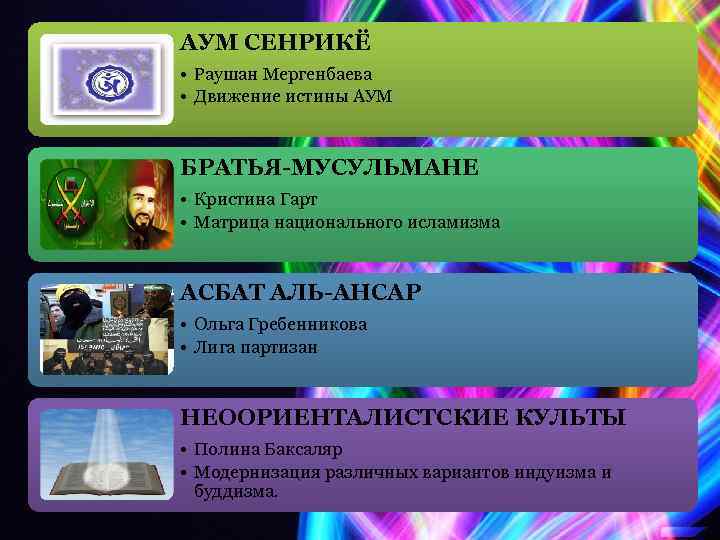 АУМ СЕНРИКЁ • Раушан Мергенбаева • Движение истины АУМ БРАТЬЯ-МУСУЛЬМАНЕ • Кристина Гарт •